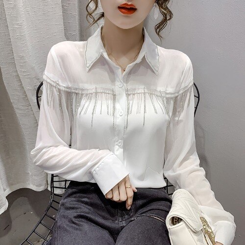 Korean Early Autumn New Long-Sleeved Heavy Industry Diamond Beading Tassels Chiffon Shirts Women Blouses Fashion Streetwear 2022