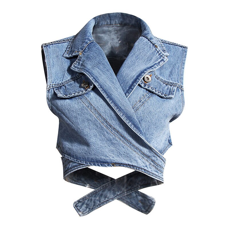 [EAM] Women Blue Denim Irregular Blouse New Lapel Long Puff Sleeve Loose Fit Shirt Fashion Tide Spring Autumn 2022 1Z595