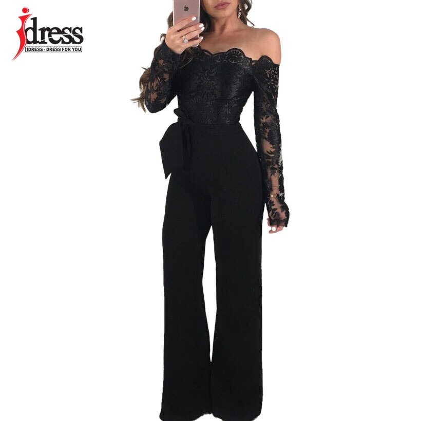 IDress 2022 New Spring Autumn Women's Sexy Long Sleeve Black Gold Lace Slash Neck Sashes Bodysuit Elegant Rompers Women Jumpsuit