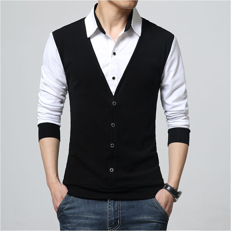 New Autumn Mens T Shirts Fashion Fake-Two Designer Clothing Turn-down Collar T-shirt Men Long Sleeve Shirt Casual Male