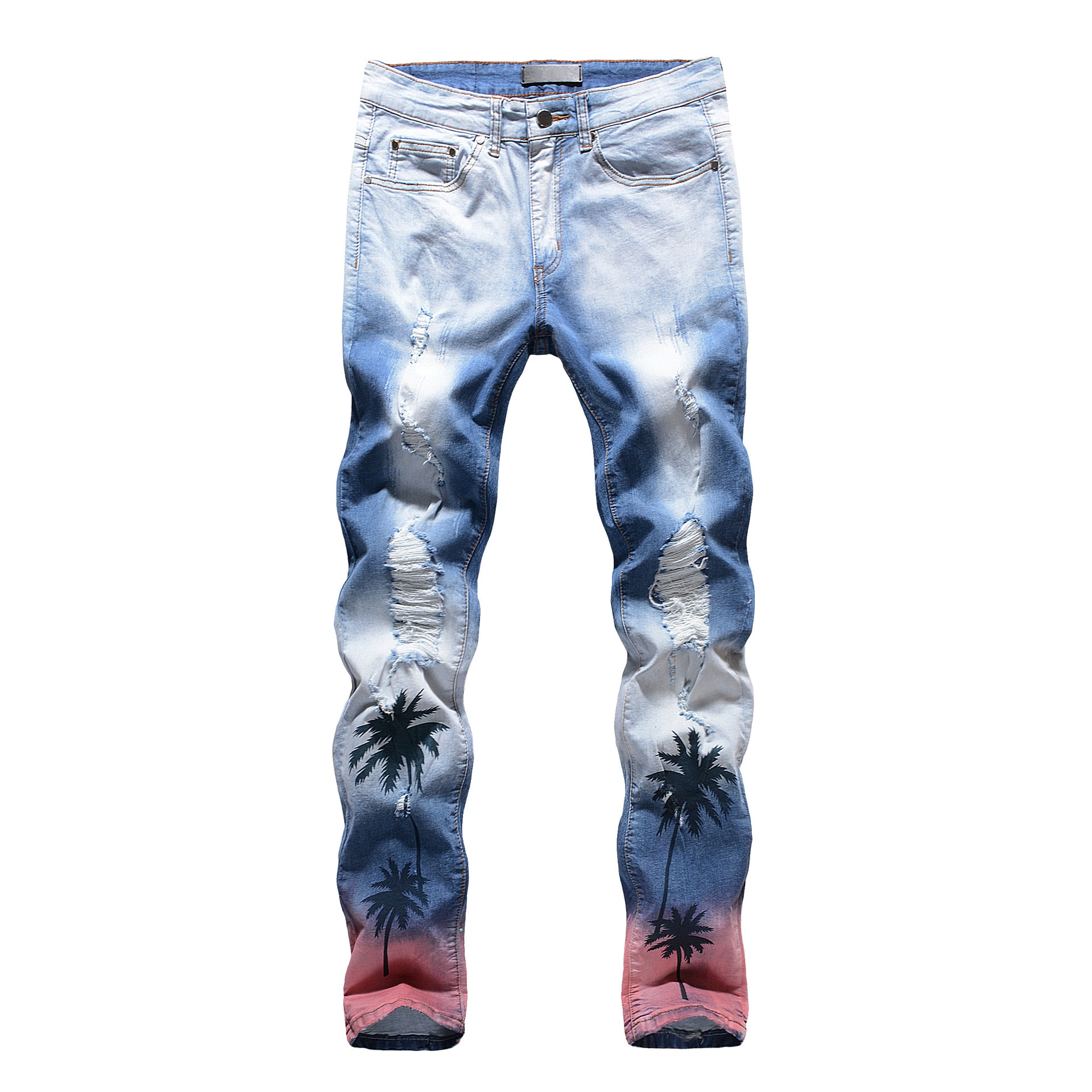 Hip Hop Coconut Tree Digital Printed Jeans Men Washed Slim Fit Designer Pants Big Size Tropical Pattern Denim