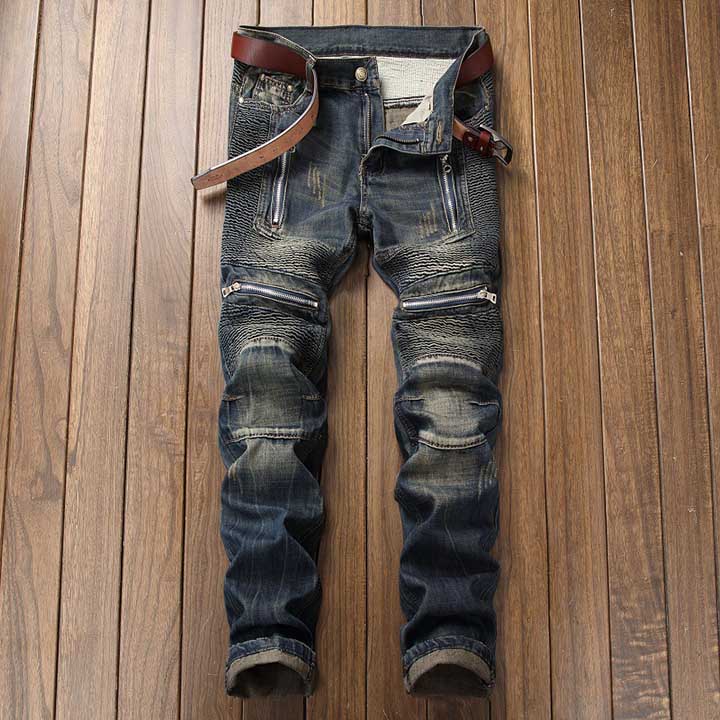 Men's Biker Pleated Jeans Pants Washed Zipper Motorcycle Denim Trousers For Male Size 29-42