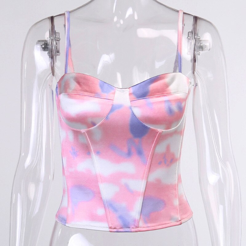 Viifaa Multicolor Tie Dye Satin Slim Cami Top Sexy Spaghetti Strap Women Summer Party Backless Cropped