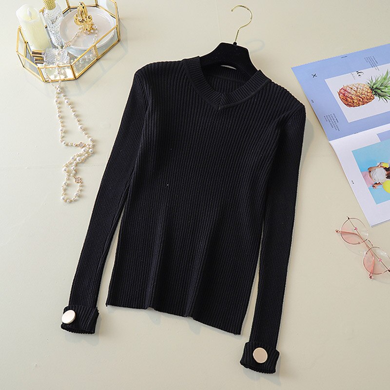 Casual Sweater Women Pullovers Tops V Neck Solid Elastic Sweaters Female Fashion Button Long Sleeve 2022 Modis Femme New