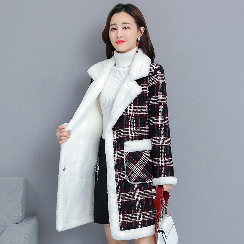 Womens Coats Winter Plus Thick Velvet Long Woolen Coat Women's New Loose Warm Plaid Cotton