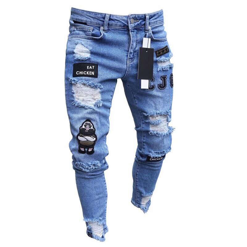 Fashion Men's Ripped Skinny Jeans Destroyed Frayed Slim Fit Denim Pants Zipper S M L XL 2XL