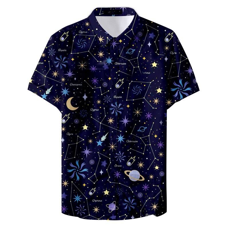 Hawaiian Men Shirt Moon Stars And Animals Print Fashion Hawaiians Short Sleeve Cool For Summer