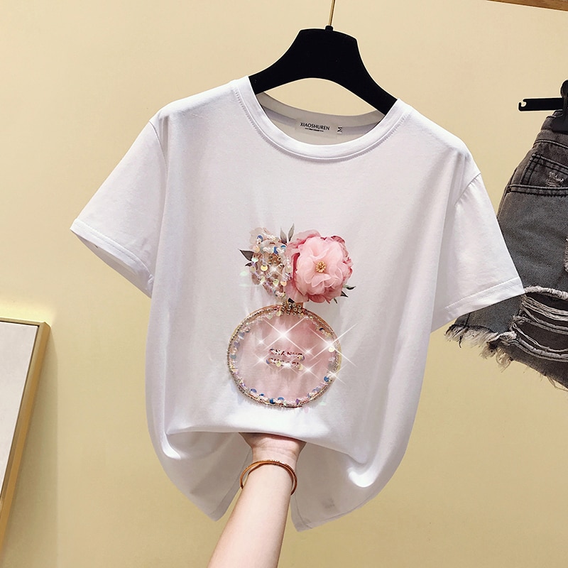 Summer Pink T Shirt Women Tops Kawaii White Tshirt Korean Clothes Short Sleeve Casual Purple Sequins Diamond Tee