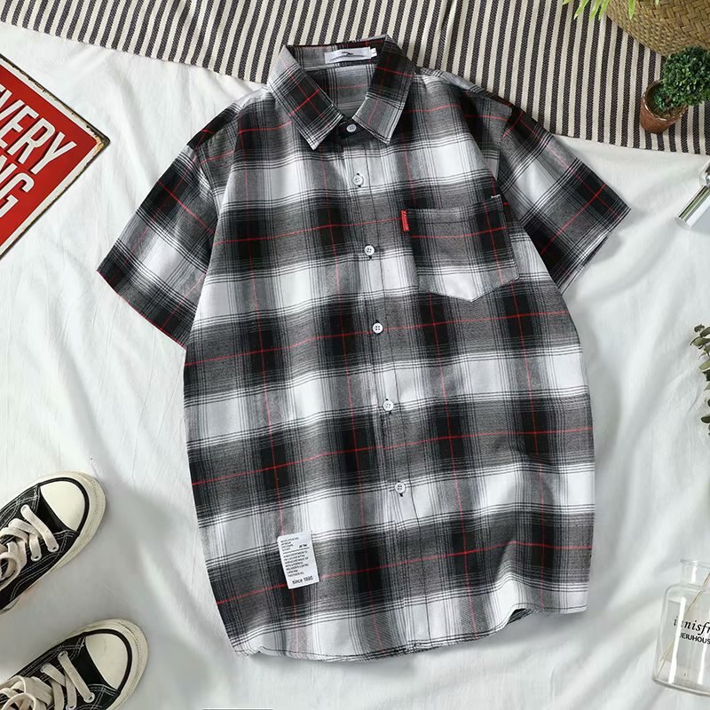 Men's 100% Cotton Casual Plaid Shirts Pocket Short Sleeve Slim Fit Comfortable Brushed Flannel Shirt Leisure Styles Tops