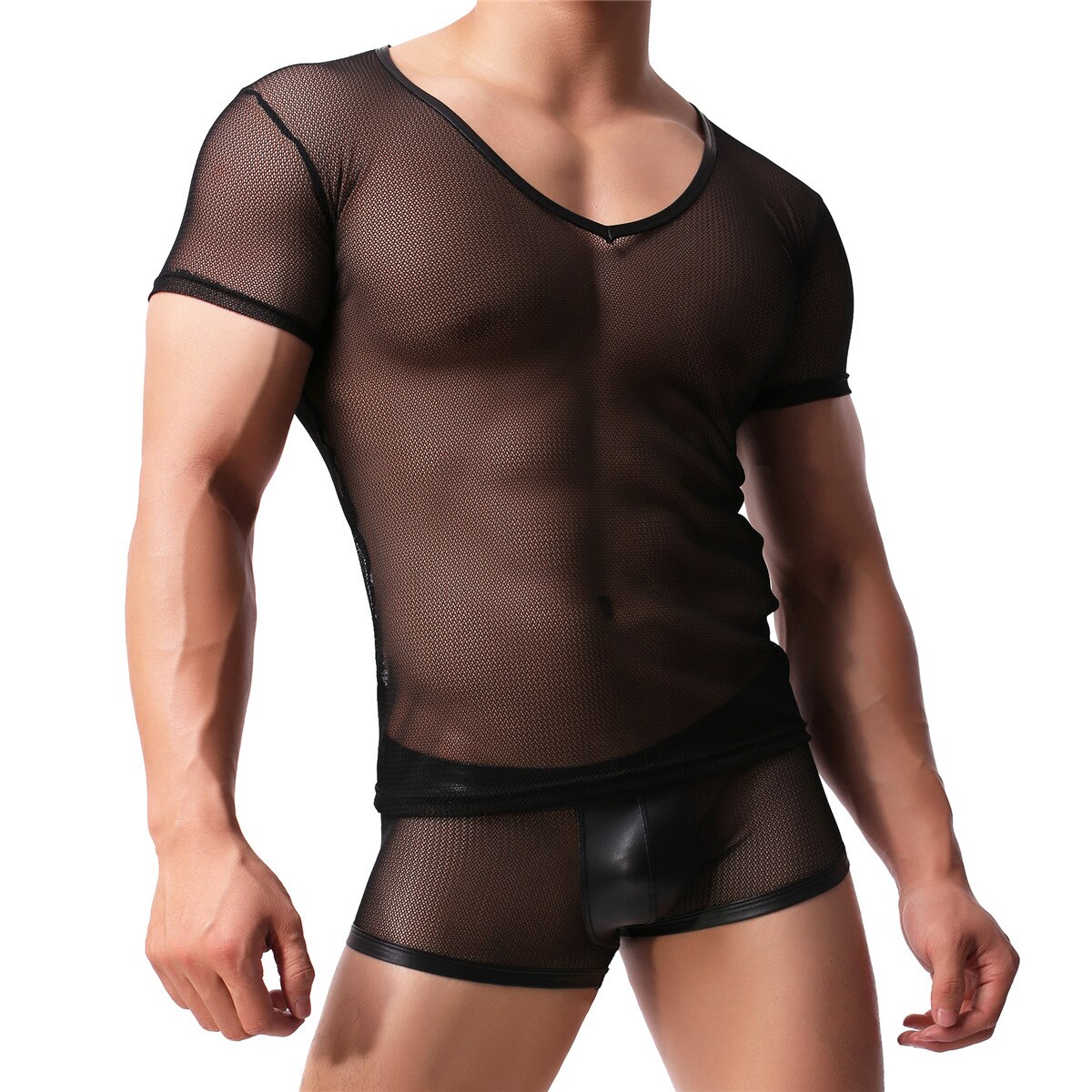 Mens Mesh T-shirt Gym Training Sheer Top Clubwear Sexy Transparent Men Underwear Set Boxers Shorts See Through Clothes