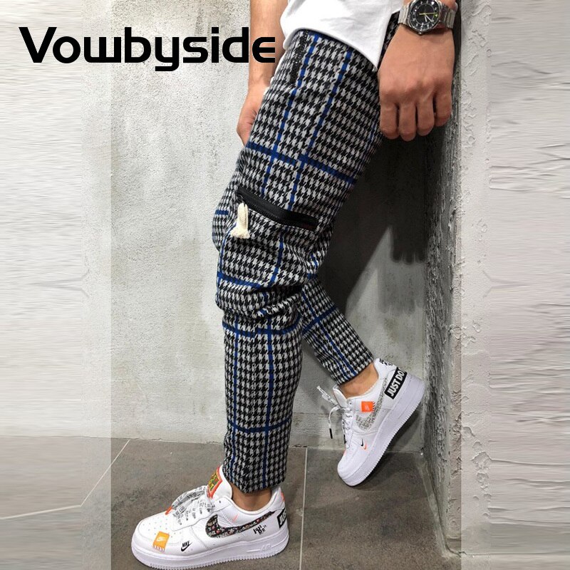 Chic Plaid Stripes Print Zipper Pocket Design Casual Pants Mens Drawstring Slim Sporty Jogger Streerwear Men Clothing