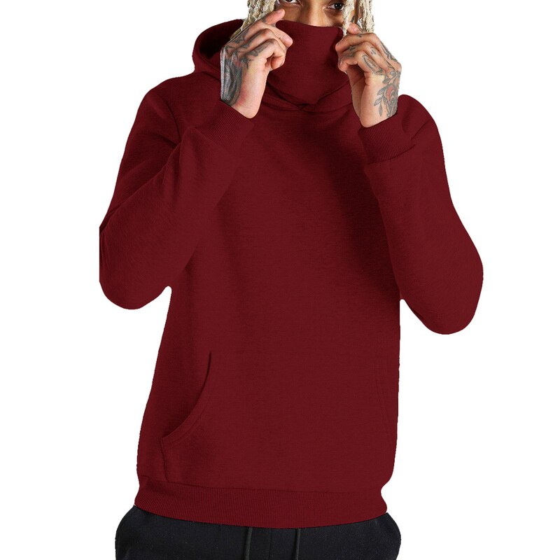 Pure Color Slim Mens Hoodies Mask Button Sports Hooded Splice Large Open-Forked Male Long Sleeve Shirts Pullovers Tops