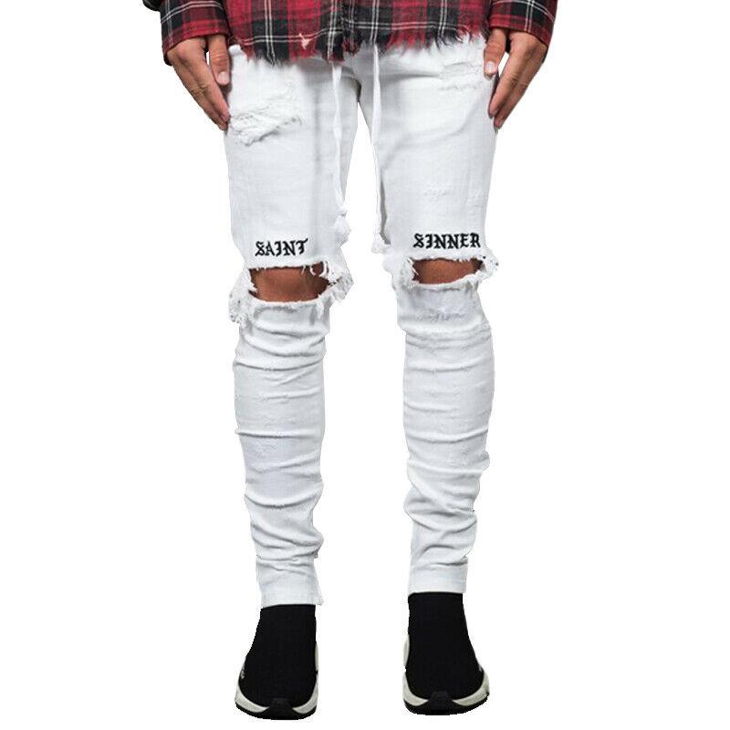 Men Jeans Side Striped Knee Hole Ripped Embroidery Skiny Black Pencil Pants Drawstring Clothing