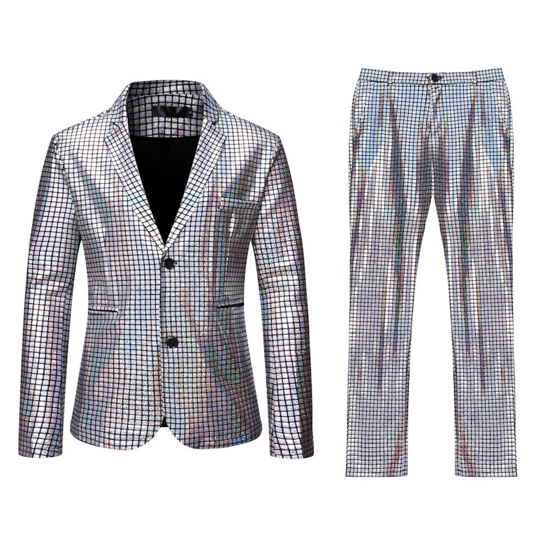 Mens Rainbow Plaid Sequin Glitter Tail Coat Stage Singer Costume Homme Wedding Groom Prom Tuxedo Suits Men Suit (Jacket+Pants)