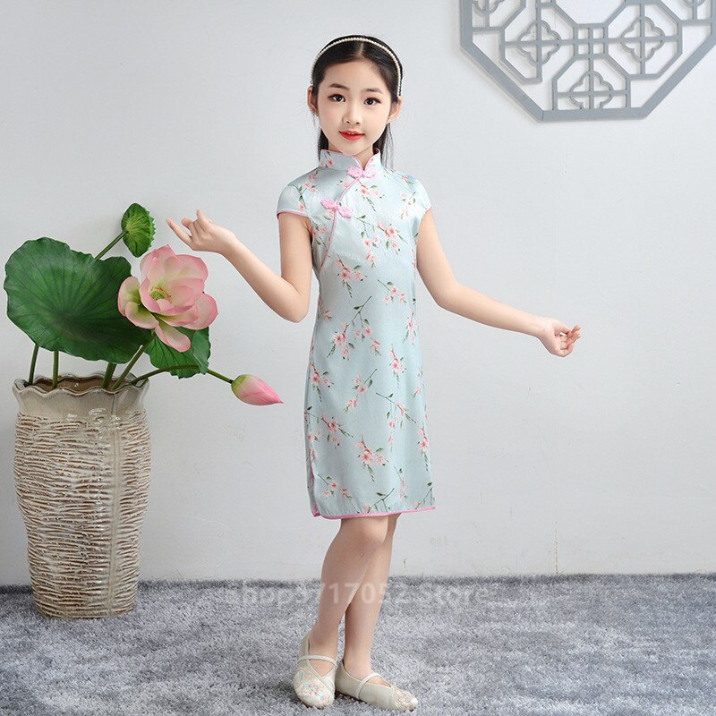 Summer Chinese Flower Print Silk Qipao Kids Baby Girls Traditional Princess Dress Cheongsam Short Sleeve Retro Vintage Vestido