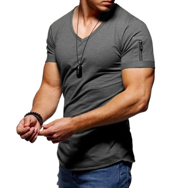 Men's Soft Solid Color Tee Shirt Men Fitness Casual For Male Short Sleeve T-shirt Summer V Neck Slim Mens Clothing