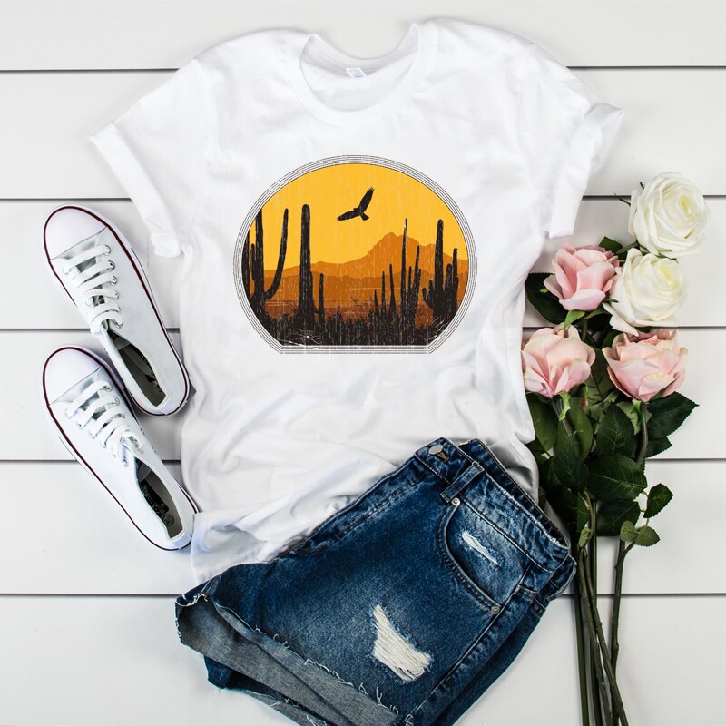 Women Graphic T-shirt Watercolor Female Printed Vintage World Compass Camera Flower Ladies Camisas Mujer Womens