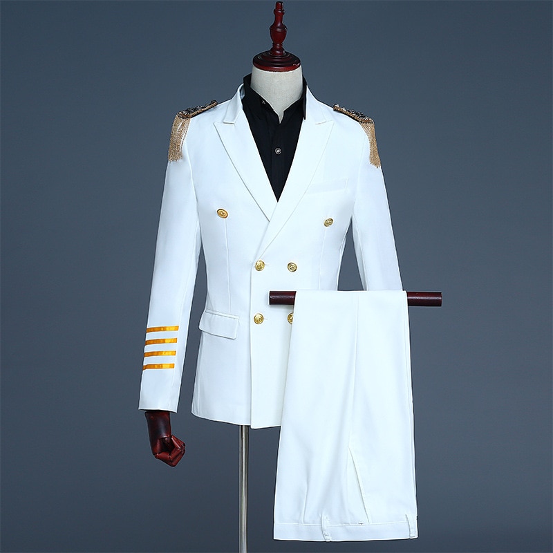 White Double Breasted Wedding Groom Tailcoat Suit Men Stage Cosplay Captain Costume Homme Evening Prom Mens Suits With Pants XXL