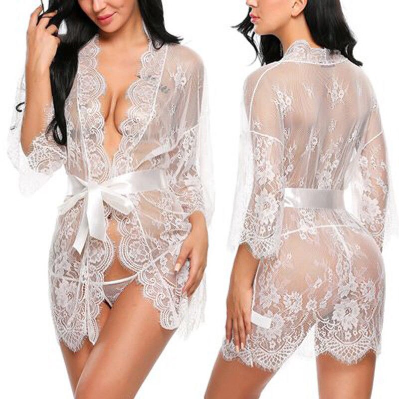 V-Neck Nightwear Robes With G-string Sleepwear 2022 New Women Sexy Babydoll Erotic Lace Sheer Lingerie