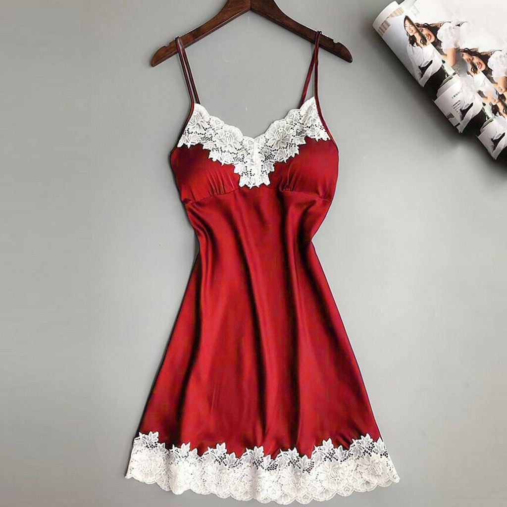 Lace Deep V-neck Nightdress Sexy Lingerie Nightgowns Sleepwear Night Dress Women Sleeveless Nightwear Faux Silk Satin Nightshirt