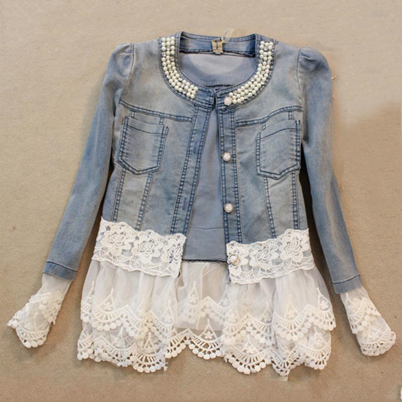 Slim Lace Patchwork Beading Women Denim Jacket Long Sleeve Jeans Jackets Plus Size Coat Female Outwear