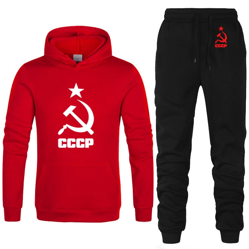 Winter Autumn Warm Tracksuit Men Hoodie Sweatshirt Jacket+sweatpants Suit Unique Russian USSR Soviet Union Print Sportwear