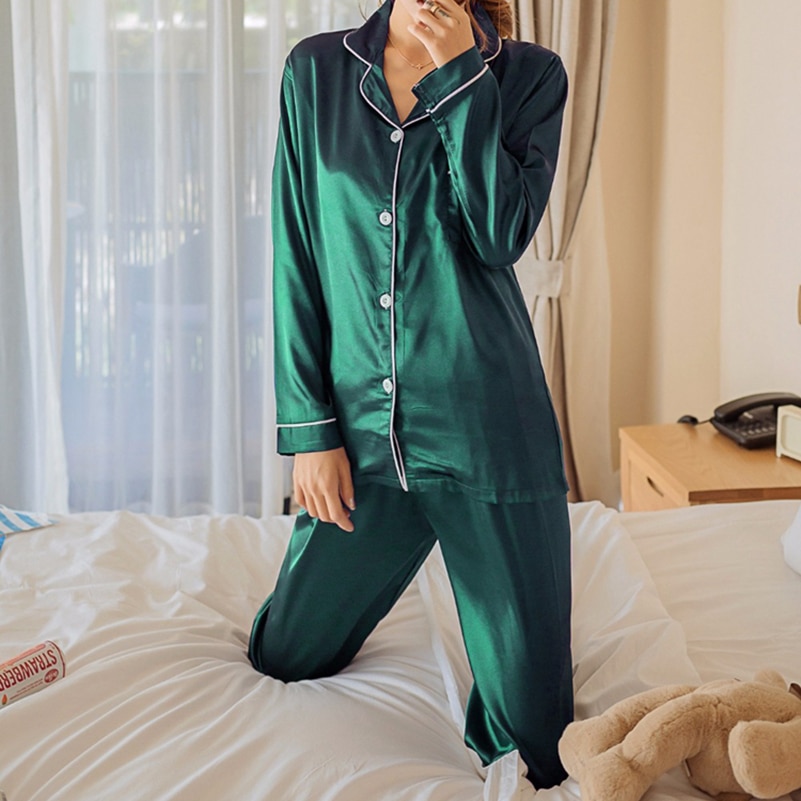 Womens Silk Satin Pajamas Pyjamas Set Long Sleeve Sleepwear Pijama Suit Female Sleep Two Piece Loungewear Soft Wear
