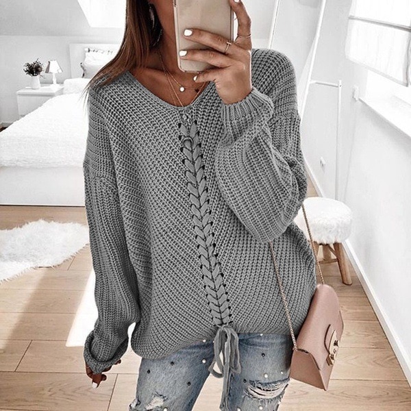 Sexy V-neck Lace Up Knitted Sweaters Long Sleeve Solid Stitching Loose Sweater Autumn Winter Casual