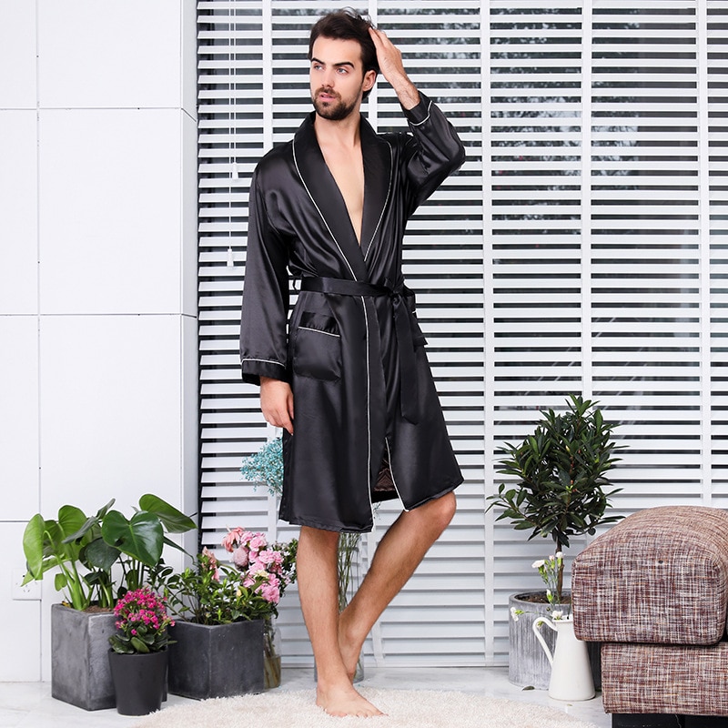 Men Kimono Home Silk Bathrobe Soft Cozy Thin Long-sleeved Bath Gown Emulation Shorts Suit Large Size M-5XL