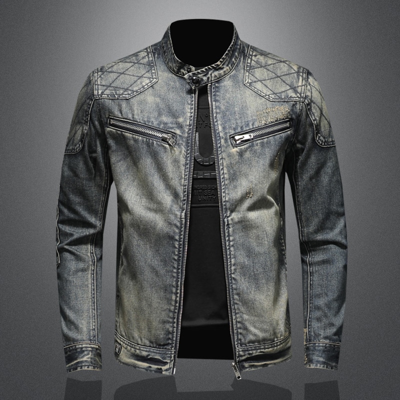 Men's Blue Denim Vintage Classic Biker Motorcycle Jacket Stand Collar Retro Slim Fit Distressed Racer Jeans Coat Drop Shipping