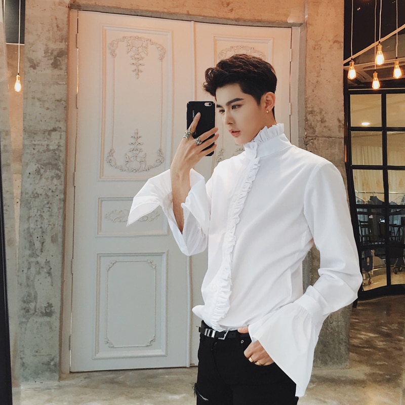 Black And White Ruffle Designer Spring Mens Casual Shirt Camisa Fashion Masculina Solid Wedding Gothic