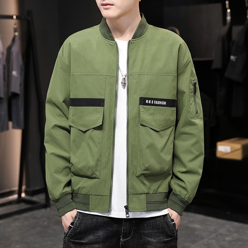 Fashion Jacket Men Baseball Collar Ribbons Stripe Military Windbreaker Coat Male Green Black Big Pocket Techwear Outfit Man