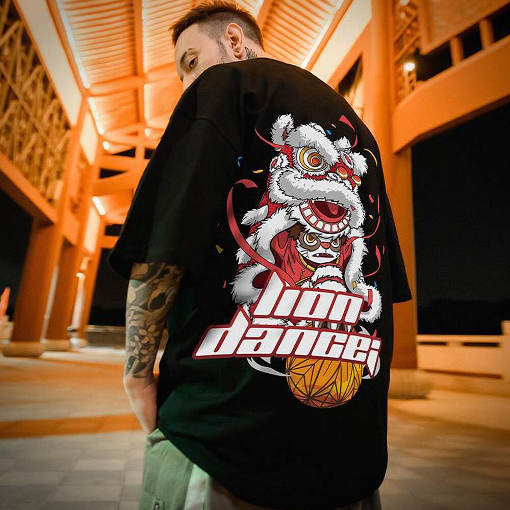 Short-Sleeved Male Lion Dance T-shirt Brand Men's Clothing L Chinese Style), Half Sleeve Trend Couple Summer