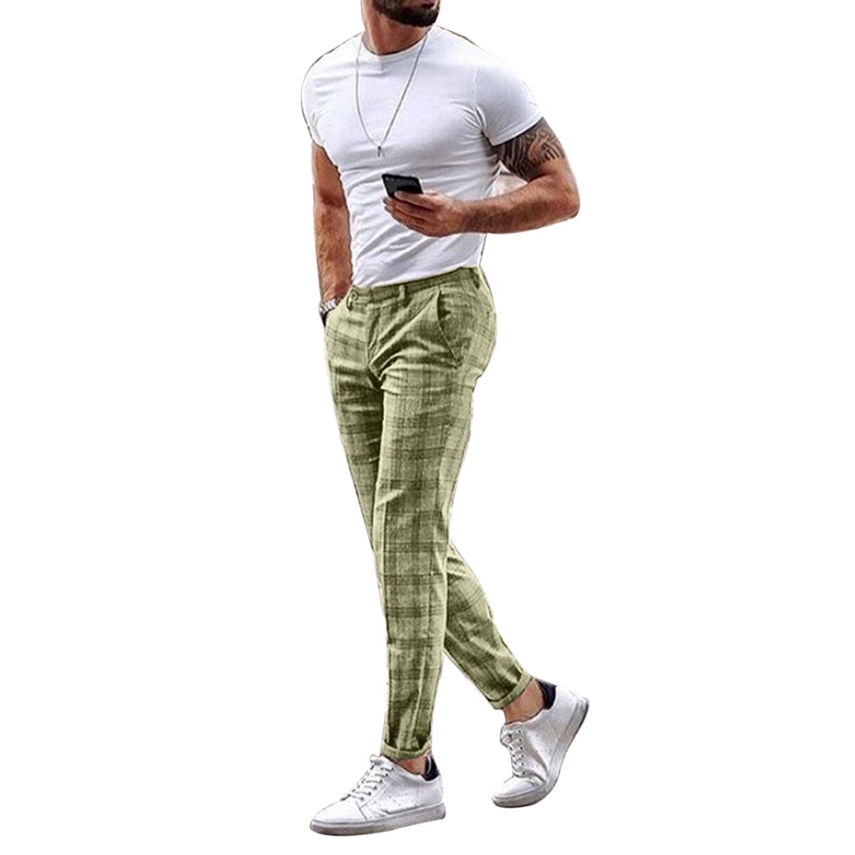 Men Fashion Casual Plaid Pencil Trousers Slim Fit Low Waist Comfort Stretch Chino Ankle-Length Pants Clothes