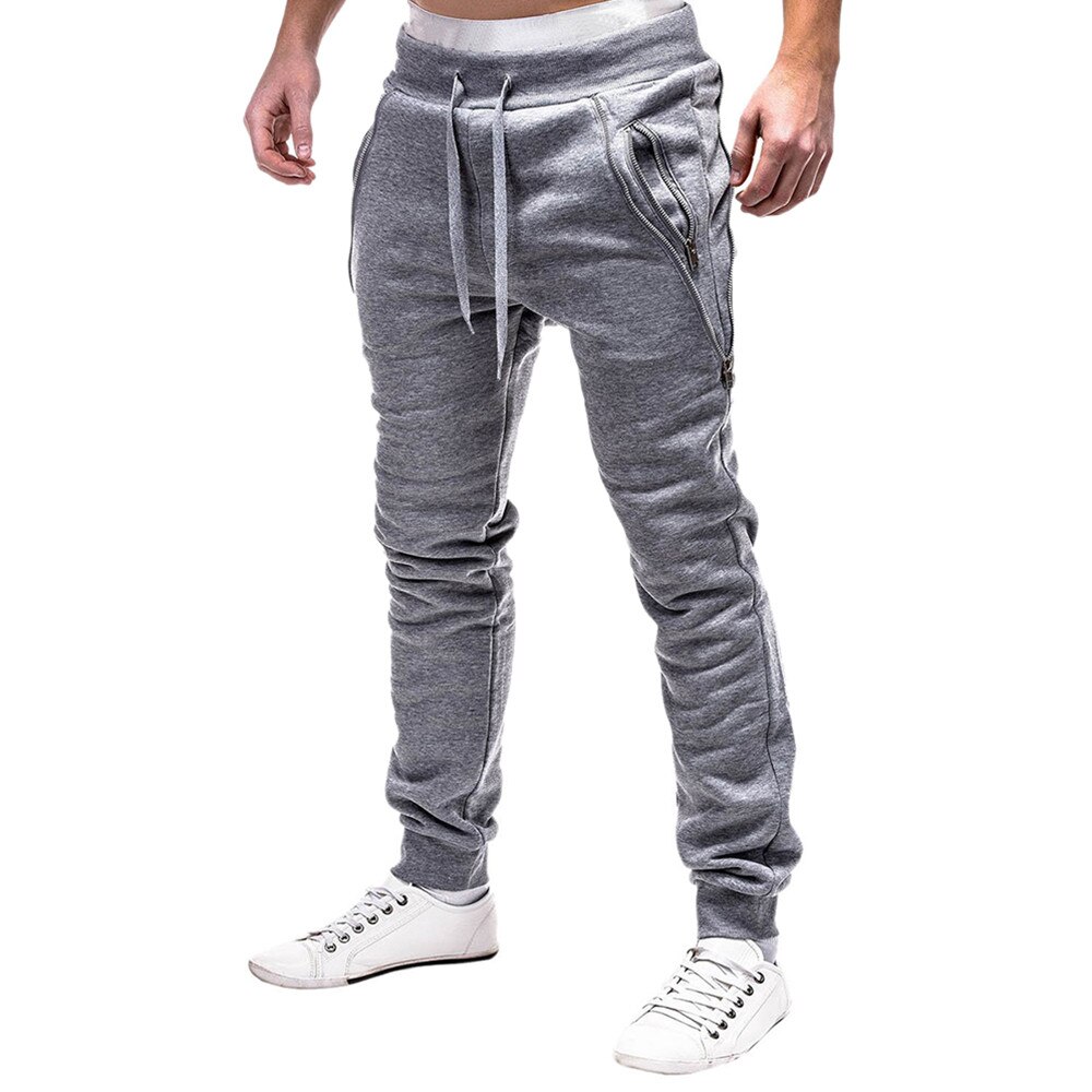 Fashion Men's Sport Zipper Lashing Belts Casual Loose Sweatpants Drawstring Pant Jogger Dancing Ripped Men SkinnyZ313