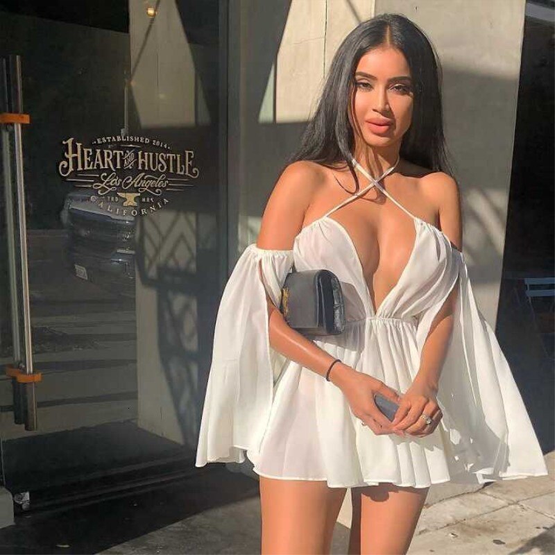 Fuedage Summer Chiffon White Sexy Dress Women Spaghetti Strap V Neck Mini Dresses Backless Ruffles Club Party Vestidos