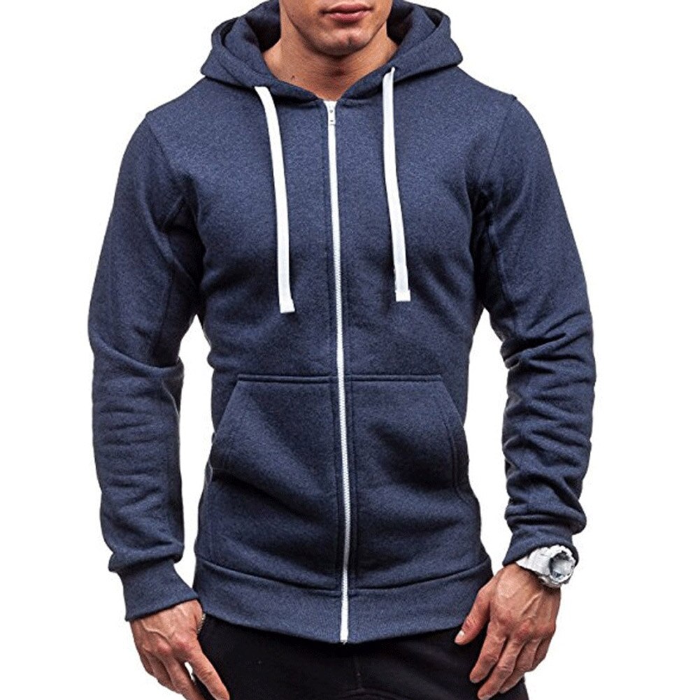 Solid Men Large Size Top Men's Front Pockets Zipper Jacket Hooded Sweatshirt Slim Fit Casual Hoodies Hoodie