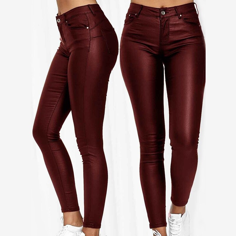 Fashion Pure Color Leather Casual Pants Small Feet Women Warm Trousers Sexy Tight-fitting Ladies Stretch High-waist