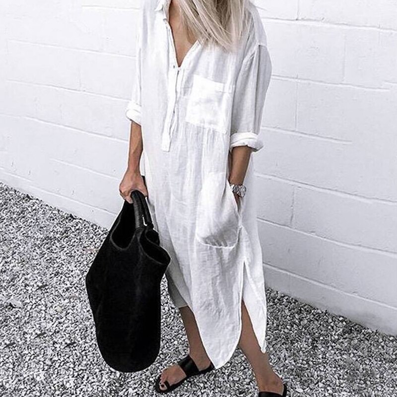 New Women Long Shirt Dress Buttons Pockets Spring Autumn Fashion Sleeves Dresses Loose Casual Plus Size Maxi