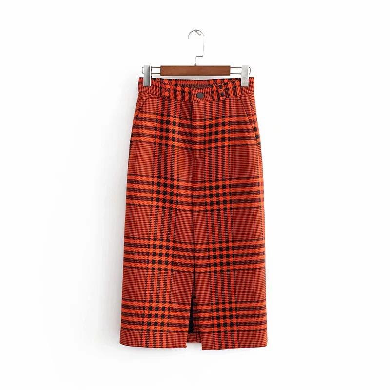 Spring Autumn Women Fashion Elegant Plaid Skirt Split Zipper Button Slim Casual Office Long