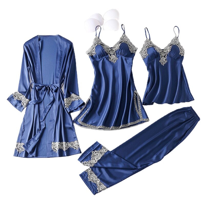 Women Ice Silk 4 Pcs Pajamas Set Cami Top Long Pants Nightgown Robe Embroidery Lace Trim Sexy Sleepwear With Chest Pads