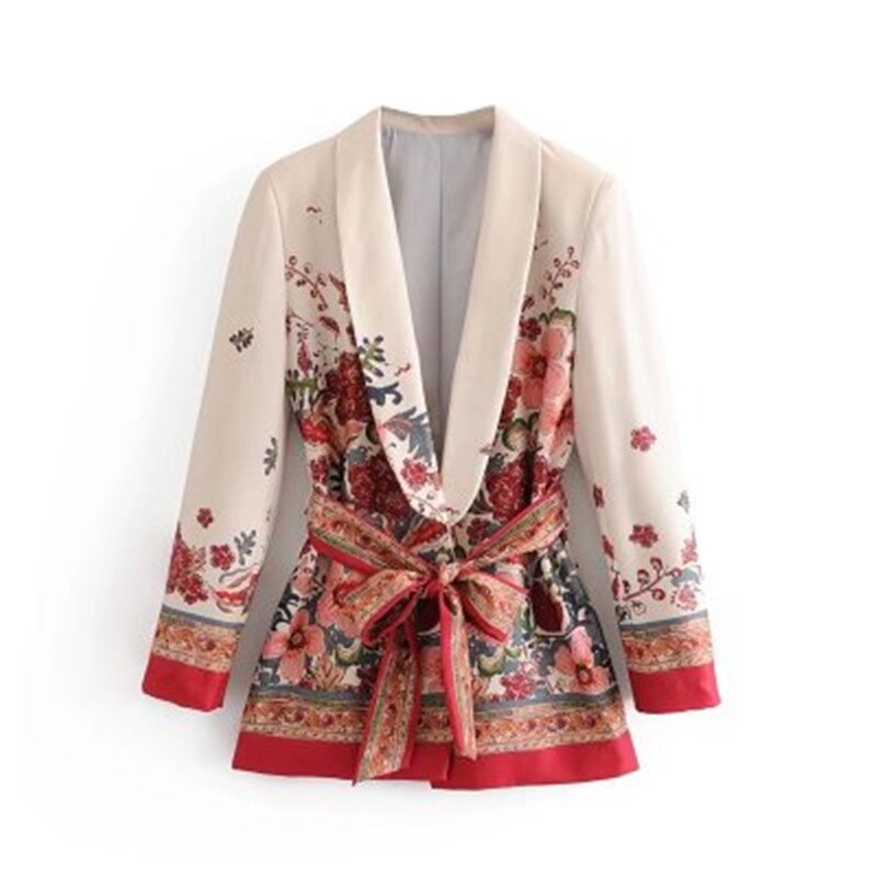 Vintage Women Suit Floral Designer Jacket + Wide Leg Pants Ladies Blazer Outwear Female Office Coat