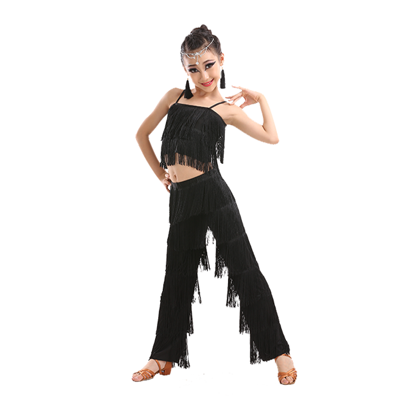 Latin Dance Dresses Ballroom Fringe Tassel Dress Pants Sequin Salsa Samba Costume Kids Children Girls Height 110 -170cm