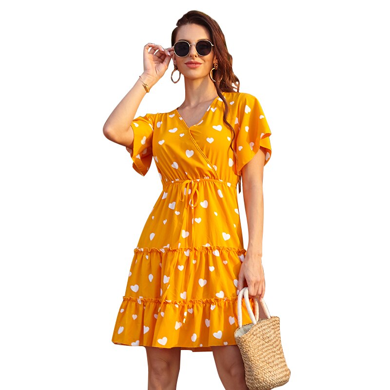 Summer Women Floral Print Dress Boho Mini Beach Sexy V-neck Short Sleeve Casual Ladies Party Dresses Vestido Femme