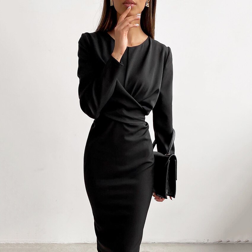 Autumn Winter Dress Women 2022 Casual Long Sleeve Slim Office Bodycon Dresses Elegant Sexy Chic Cross Draped Party