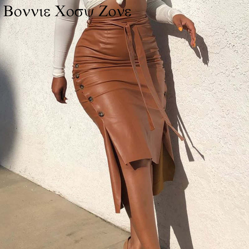 Women Buttoned Design PU Solid Sheath Fit Chic Midi Skirt Casual Slit Leather