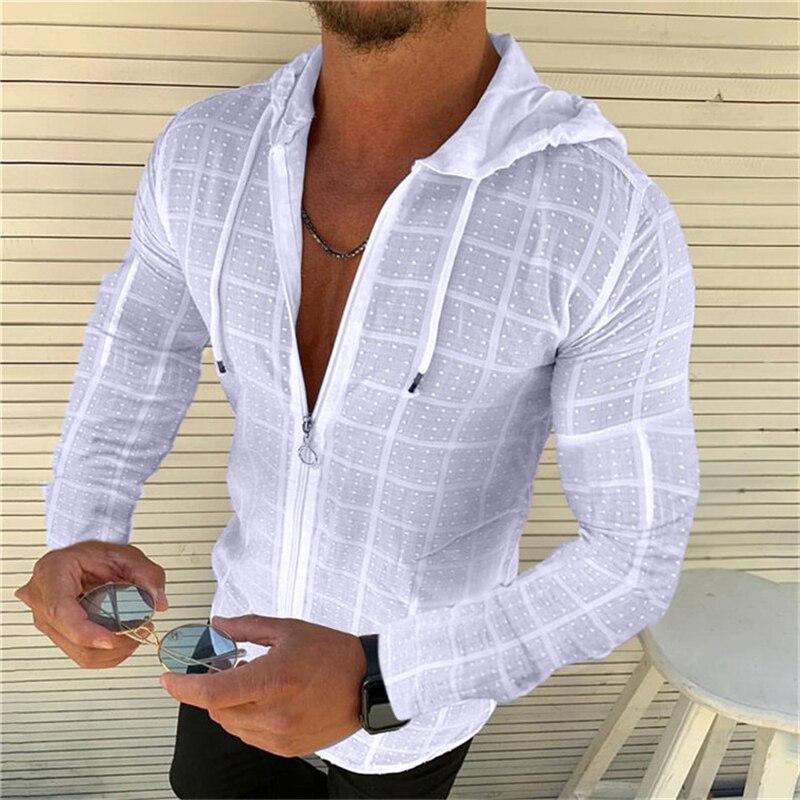 Mens Casual Zipper Long Sleeve Loose Hawaiian Henley Shirt High Quality With Hood