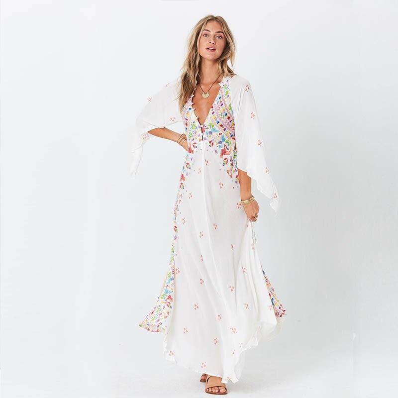 Bohe Maxi Dress Women V Neck Floral Print Kimono Flare Sleeve Beach 2022 Summer Casual Button Long Loose Robe Femme