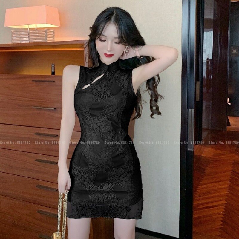 Women Lace Qipao Vintage Party Nightclub Sexy Bodycon Babydoll Chinese Style Retro Cheongsam Korean Elegant Mini Dress Vestidos