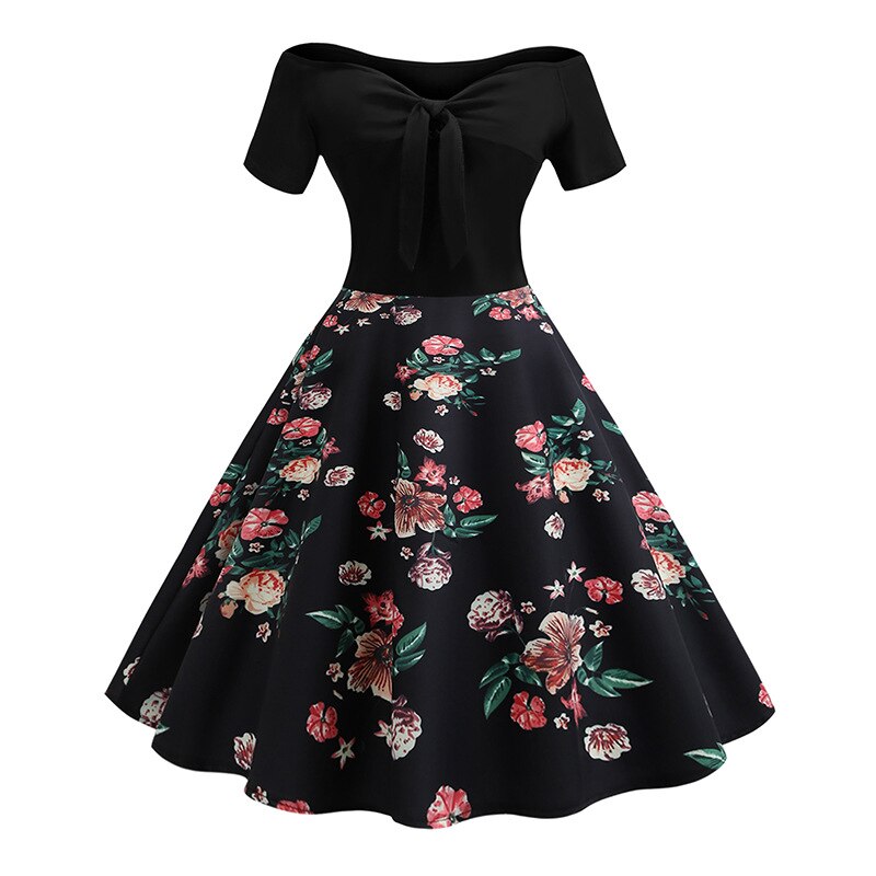 Enyuever Vintage Dress Women Spring 2022 Short Sleeve Off Shoulder Swing Black Patchwork Floral Chain Print Vestido Casual